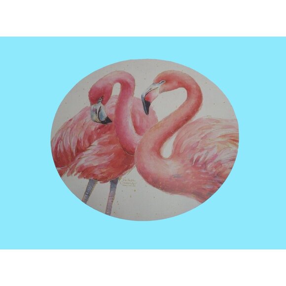 2 Reversible Flamingo Placemats Signed Lisa Audit Counter Art Round USA - Picture 4 of 7